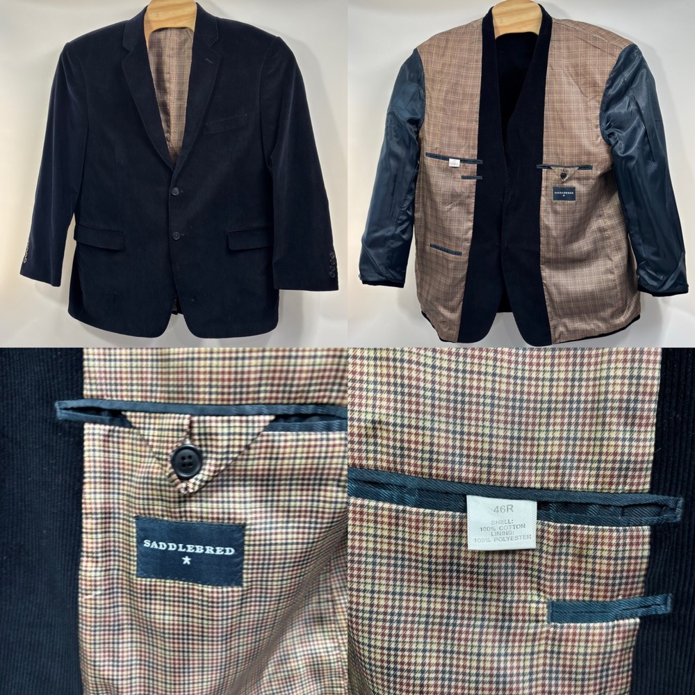 Saddlebred Black Corduroy Sport Coat Blazer Men's 46R 2 Button Classic Fit